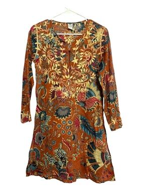 Raj Tara Tunic Cover Up 100% Cotton Floral Paisley Embroidery Beach Size Small